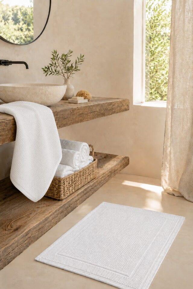 Summer bathroom, with plants, bath towels and bath mats.