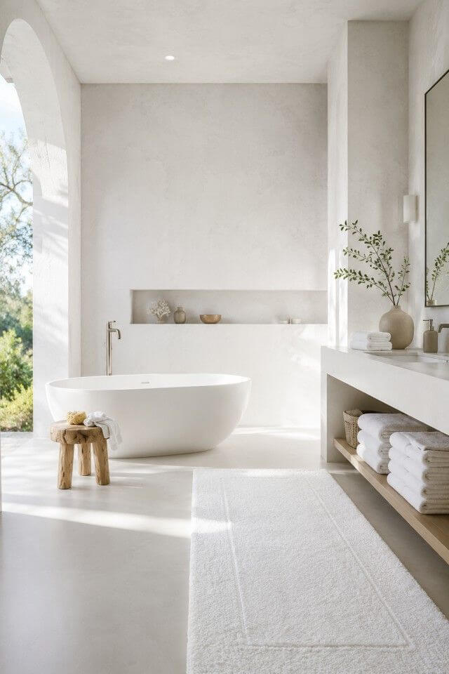 Summer bathroom, with plants, bath towels and bath mats.